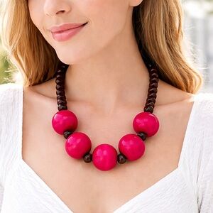 Boho Bold Pink Chunky Wooden Beaded Statement Necklace